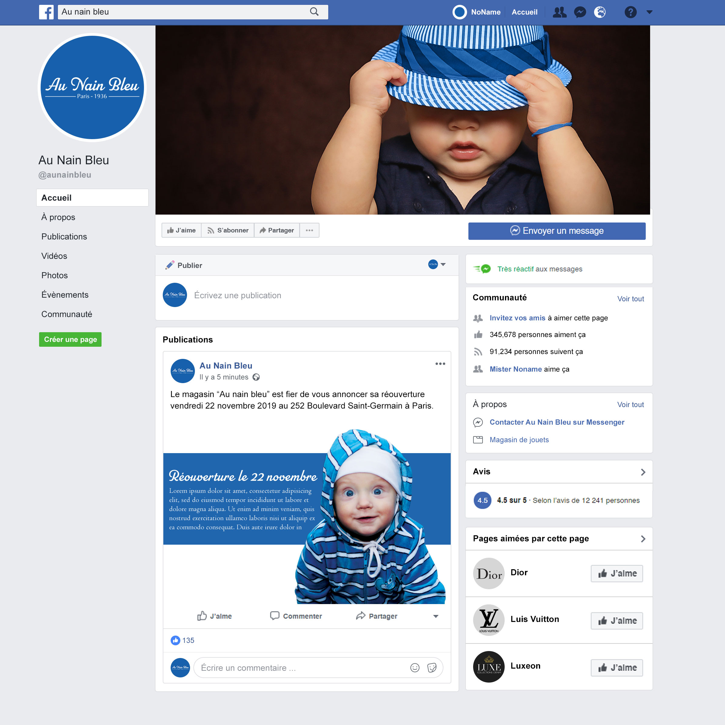 Facebook page for the brand Au Nain Bleu