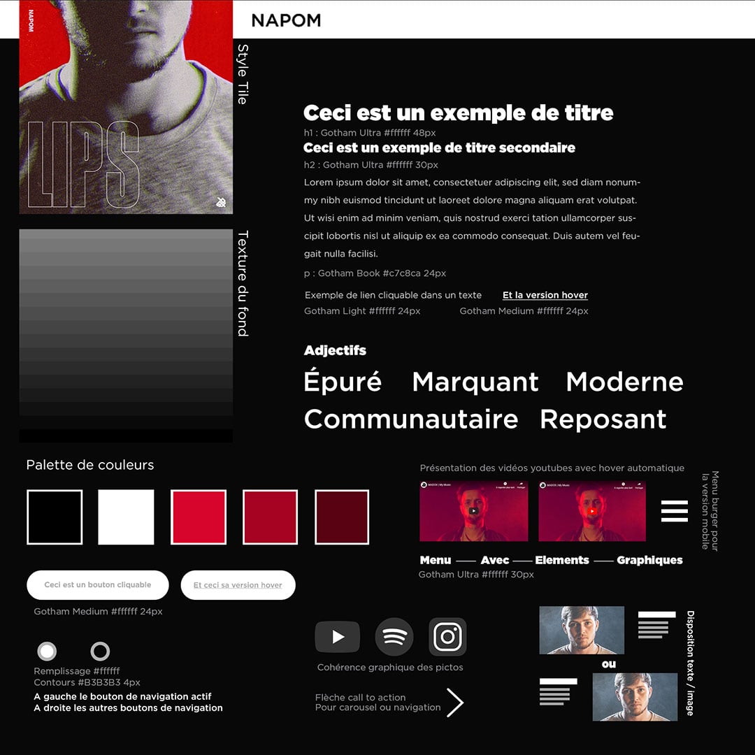 Planche de style pour le site d'un beatboxer appelé NAPOM